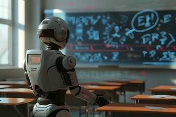 Fototapeta premium A digital art piece portraying a robot teacher in a classroom, using an interactive whiteboard to teach students coding and robotics