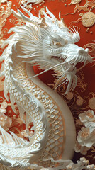 White Dragon on Red and Gold Background - 3D Classic Chinese New Year Tradition