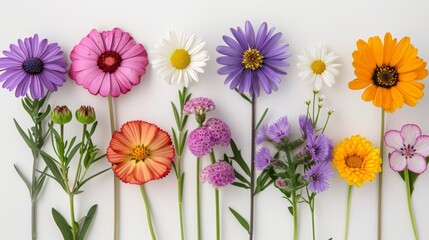 The image shows a variety of colorful flowers arranged in a row against a white background.