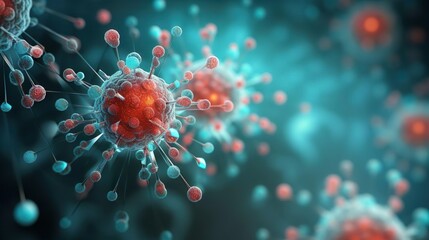 Red microbes molecules virus bacteria. Virus germ bacteria microorganism and antibody. Dangerous pathogen, microbiology.