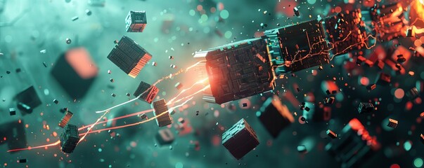 A dramatic illustration of encrypted data blocks being forged in a digital anvil, symbolizing the strength and resilience of encryption techniques