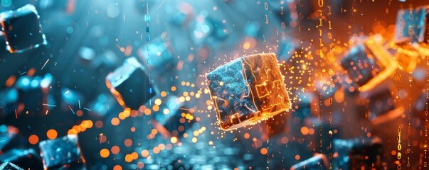 A dramatic illustration of encrypted data blocks being forged in a digital anvil, symbolizing the strength and resilience of encryption techniques