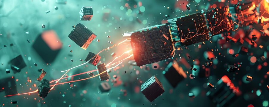 A dramatic illustration of encrypted data blocks being forged in a digital anvil, symbolizing the strength and resilience of encryption techniques