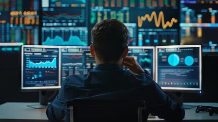 A financial analyst at work with dual monitors, each screen filled with AIenhanced market predictions and data visualizations