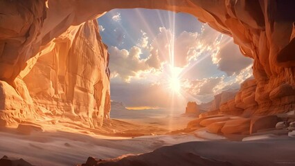 Pushing through a sandstone cave in the American Southwest as the sun sets through clouds creating light rays in all directions. Background for church service or inspirational video.