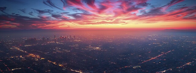 Skyline aerial showing contrast between vast open land and tightly packed city under twilight.