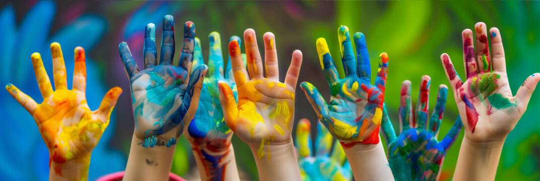 Childrens Hands Covered in Colorful Paint