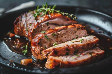 Juicy Roasted Pork Loin with Herbs and Spices on a Black Plate

