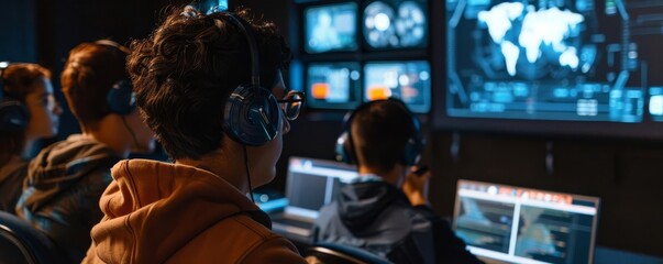 A group of students engaging in a coding class taught by an AI, with screens displaying realtime feedback on their progress