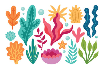 Colorful Cartoon Underwater Seaweed and Coral Plants Vector Illustration Set with Bubbles and Starfish