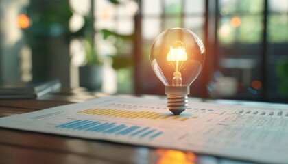 A minimalist photograph of a single light bulb illuminating financial documents and graphs, focusing on clarity and insight in funding strategies