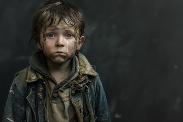 Fototapeta premium Portrait of a Young Boy Covered in Mud, Expressive Eyes, Gray Background, child child labor concept concept labor