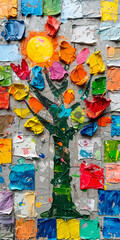 A painted tree, made out of splashes of abstract square colors, very colorful background wall image. Symbol of growth, life, emergence. Childhood daycare image. Simplicity, thick oil paint.