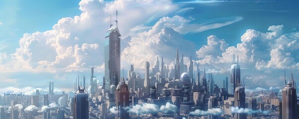 Naklejka premium A panoramic view of a smart city skyline where AI technologies are visibly integrated into every building and street, symbolizing a futuristic metropolis