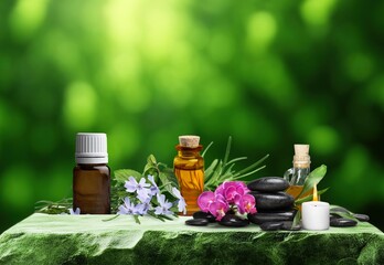Homeopathy and herbal medical concept, glass bottles