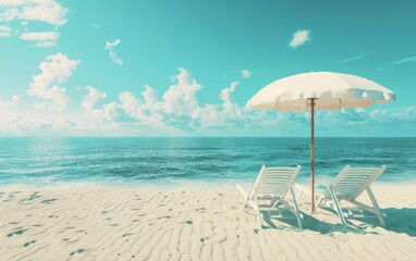 A quintessential summer vacation spot with deck chairs under a cyan-tinted umbrella, offering a serene travel destination or party venue