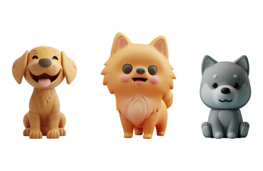 3D Cartoon Style Illustration of Cute Dogs Set: Pomeranian, Golden Retriever, and Gray Dog, Isolated on Transparent Background, PNG