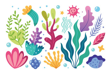 Cute cartoon underwater plants and coral reef collection, marine flora set