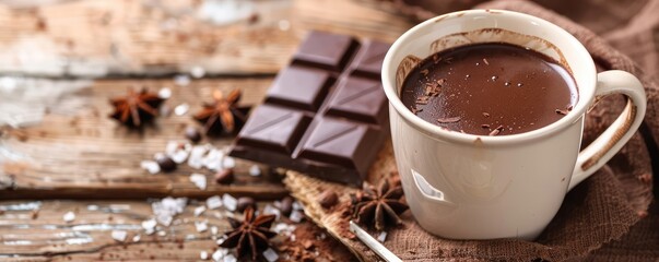 View of a steaming cup of hot chocolate on a wooden table, inviting and comforting.