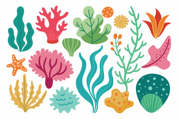 Cute Cartoon Underwater Sea Life Elements Set. Corals, Seaweed, Starfish, and Marine Plants Vector Illustration.
