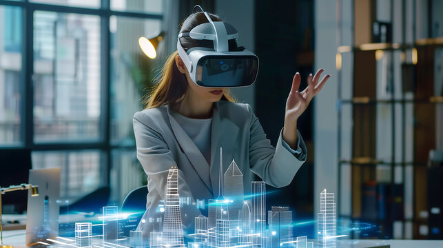 Female architect with VR headset. Virtual reality modeling software application
