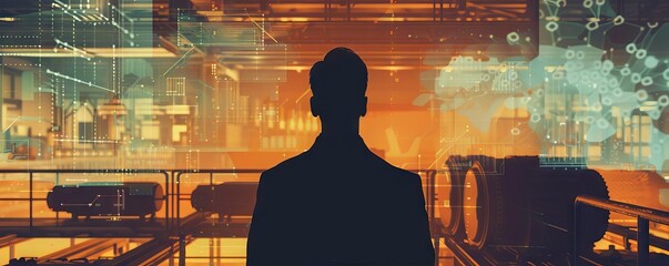A silhouette of a manager overlooking a production area, with digital process diagrams floating around him