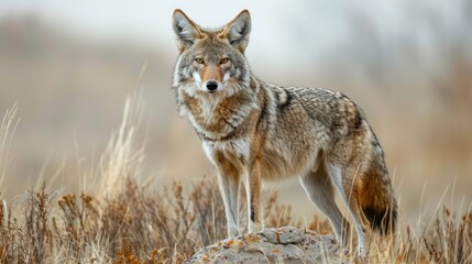 Obraz premium An active coyote (Canis latrans) at the Rocky Mountain Arsenal National Wildlife Refuge near Denver, Colorado, USA;
