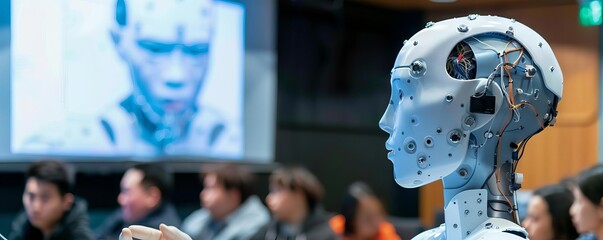 A university seminar where an AI guest lecturer discusses the latest advancements in technology and science