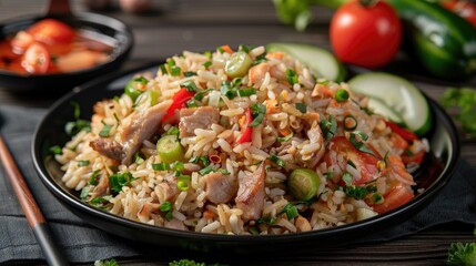 Fried Rice with Pork decorate with carved Cucumber spread