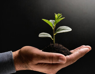 Small plant on hand, ecology, black background, product photography