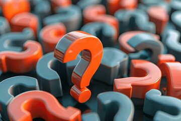 Red question mark, gray question marks below. Solutions, confusion, education and learning, digitally generated image.