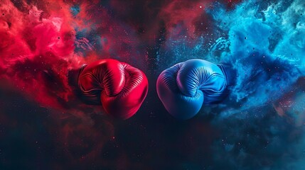 Red vs blue. Two boxing gloves hitting each other. Fist punching boxing gloves with clouds of steam or smoke on dark background. Sport hit hook kick knock box sparring competition.
