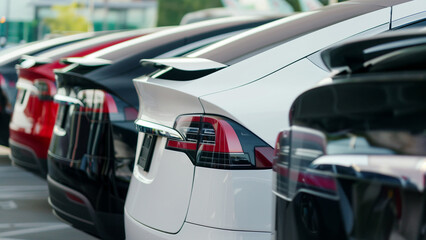 Electric vehicles charging outdoors in a row, Modern eco cars at dealership lot with reflective surfaces detailed render
