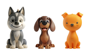 Set of Siberian Husky, Dachshund, and Orange Dog: Cute Dogs in 3D Cartoon Illustration Style, Isolated on Transparent Background, PNG