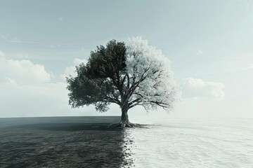 divided tree depicting contrasting environments global warming concept art