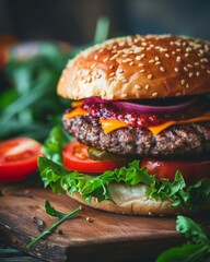 Juicy burger in cozy evening interior, delicious food photography shot, closeup