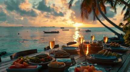 1d a full shot of a big table of afternoon sunset in beach