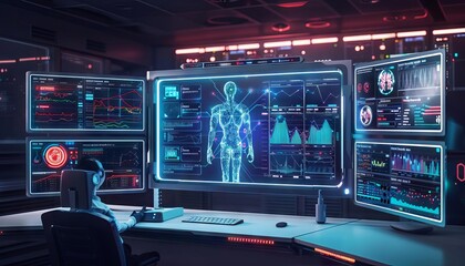 An AI system analyzing patient data on multiple screens, showcasing realtime health monitoring and diagnostics