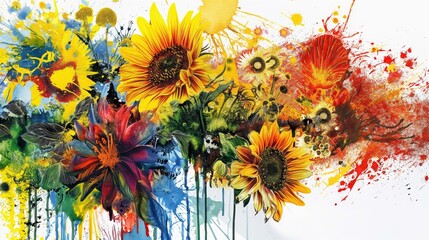 Colorful sunflowers with paint splatters in a vibrant painting
