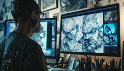 Fototapeta premium An artist using AI to create digital art, with a screen showing the transformation of handdrawn sketches into elaborate animations