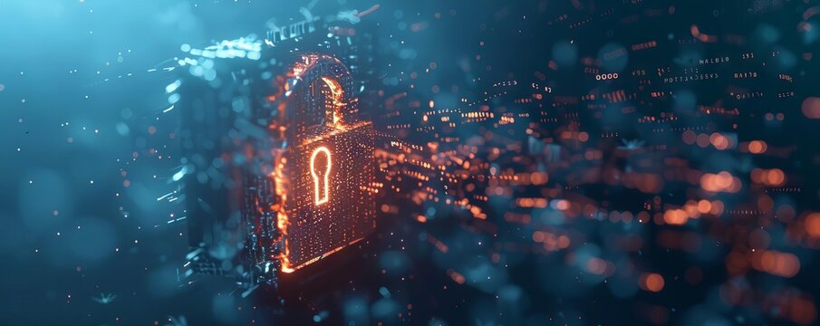 An animation of a digital lock breaking apart as malware infiltrates a secure system, with binary code raining in the background