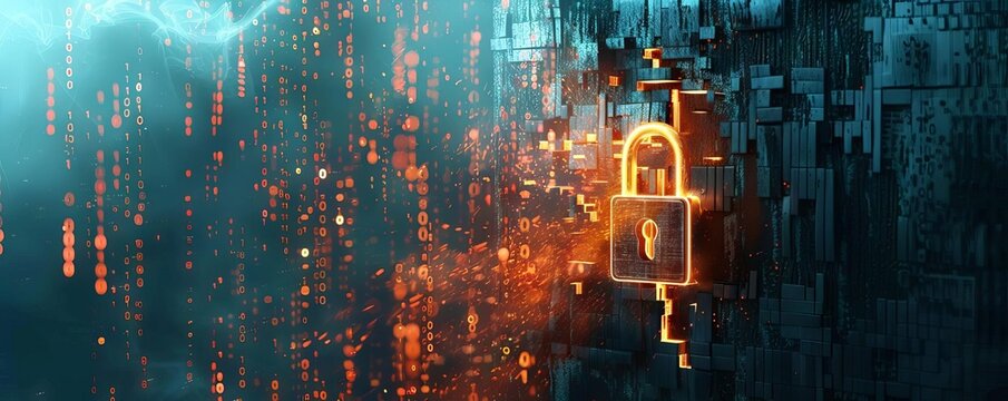 An animation of a digital lock breaking apart as malware infiltrates a secure system, with binary code raining in the background