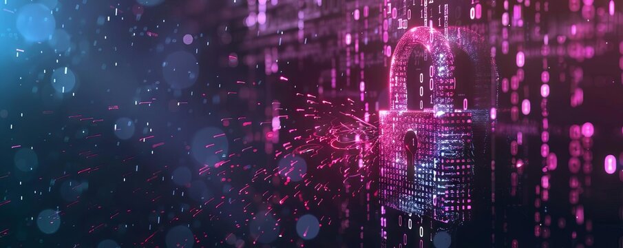 An animation of a digital lock breaking apart as malware infiltrates a secure system, with binary code raining in the background