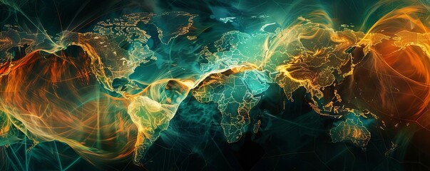 An artistic interpretation of a neural network expanding across a global map, representing worldwide data connections