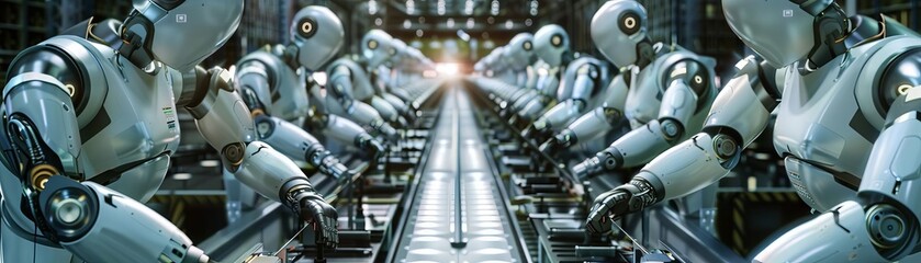 An assembly line in a factory with robotic arms, all operated by AI without human intervention, emphasizing efficiency