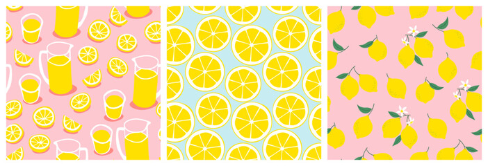 Hand drawn lemonade drink seamless pattern illustration set. Retro lemon fruit background with pitcher and glass. Vintage fresh summer beverage drawing wallpaper print.