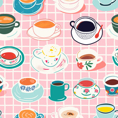 Hand drawn vintage coffee mug seamless pattern. Breakfast tea cup background illustration with retro floral print, fine china hot drink wallpaper texture.
