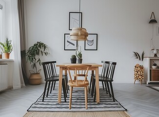 Scandinavian dining room interior with black and white decor, 
