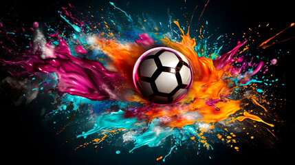 Abstract stylish conceptual design of a digital soccer ball with watercolour splash. Soccer football ball with paint splash. Sport game abstract concept. Goal time design. 