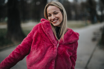 Smiling female with blonde hair wearing a bold pink fur coat radiates happiness on a cool day in a...